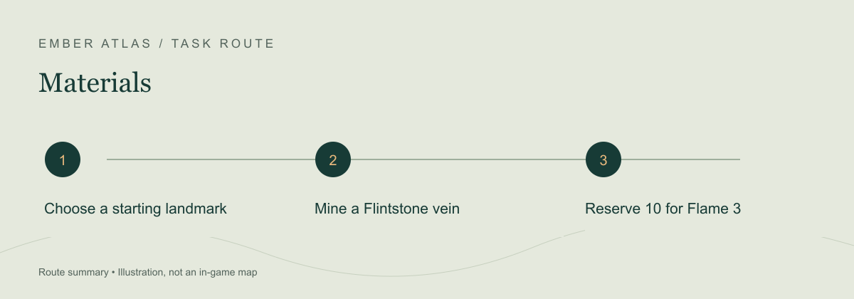 Task route: Choose a starting landmark; Mine a Flintstone vein; Reserve 10 for Flame 3