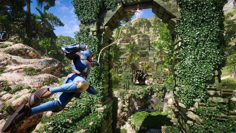A Flameborn uses a grappling hook among overgrown stone ruins